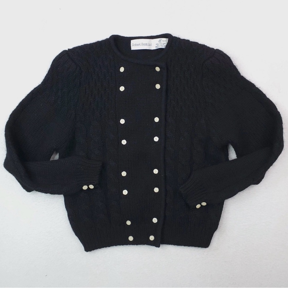 Vintage 90s Black Wool Cardigan with Pearl flower Details